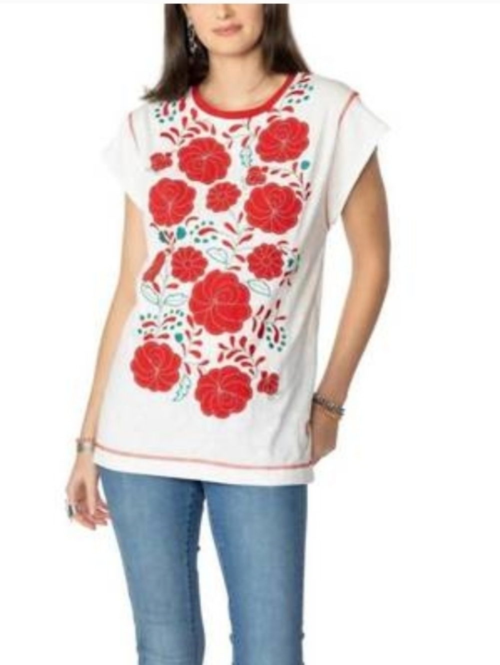 Double D Ranch Munoz Tee Red White Floral Folk Art Western Boho Embroidered Smal